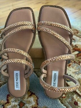 Steve Madden Rose Gold Braided Strap Square Toe Slide Sandals